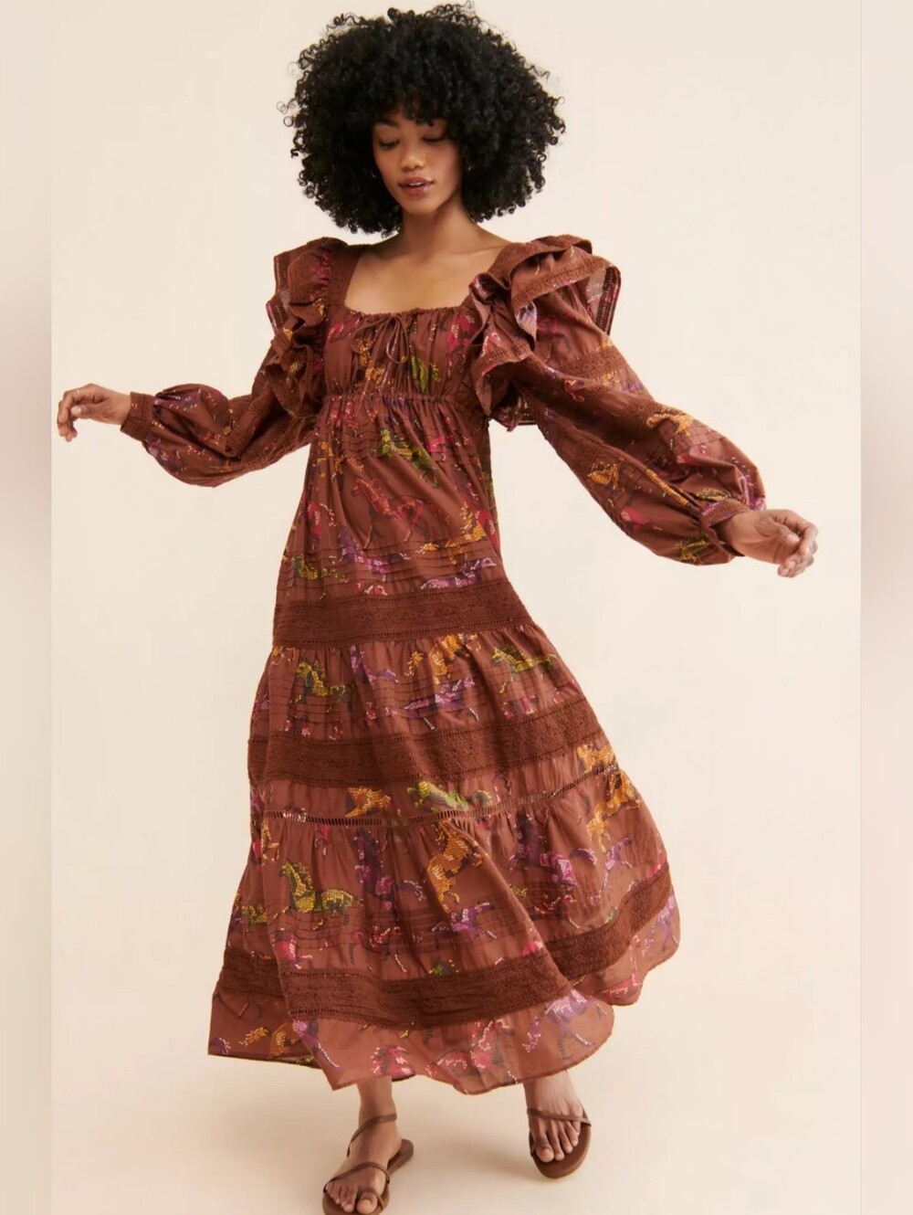 Farm Rio Dotted Horse Maxi Dress Smocked Square Neck Puff Sleeve Size L